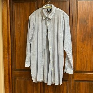 W by Worth, petite tunic, blouse, blue, and white pinstripes